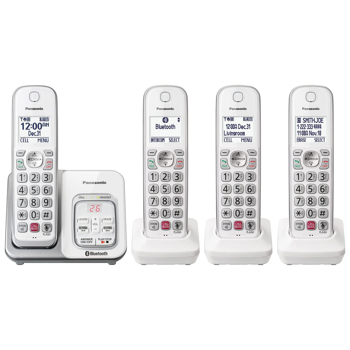 Panasonic KX-TGD864W front view showing four handsets and base for multi-room convenience