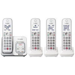 Panasonic KX-TGD864W front view showing four handsets and base for multi-room convenience