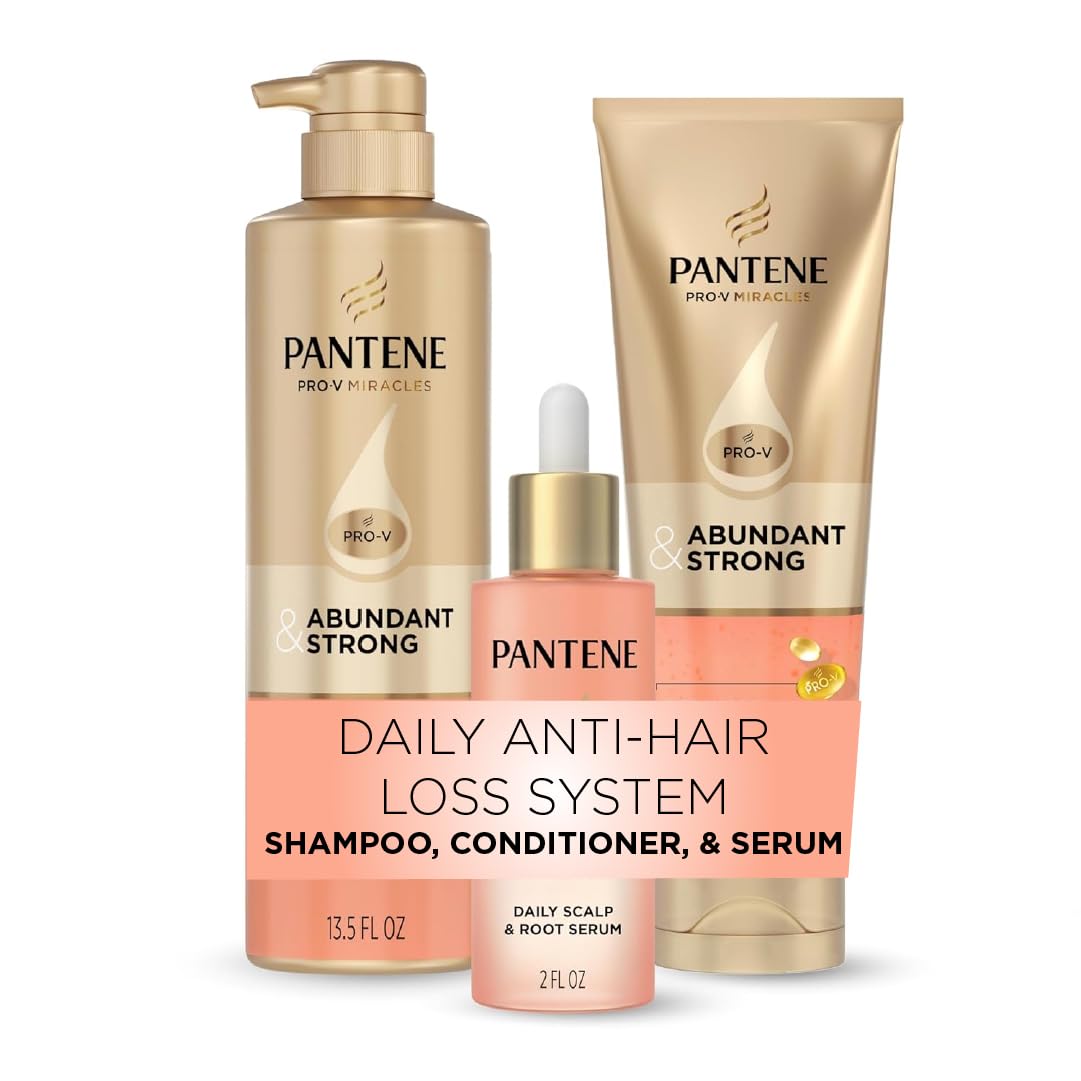 Pantene front packaging of Abundant & Strong regimen showing all three products and benefits