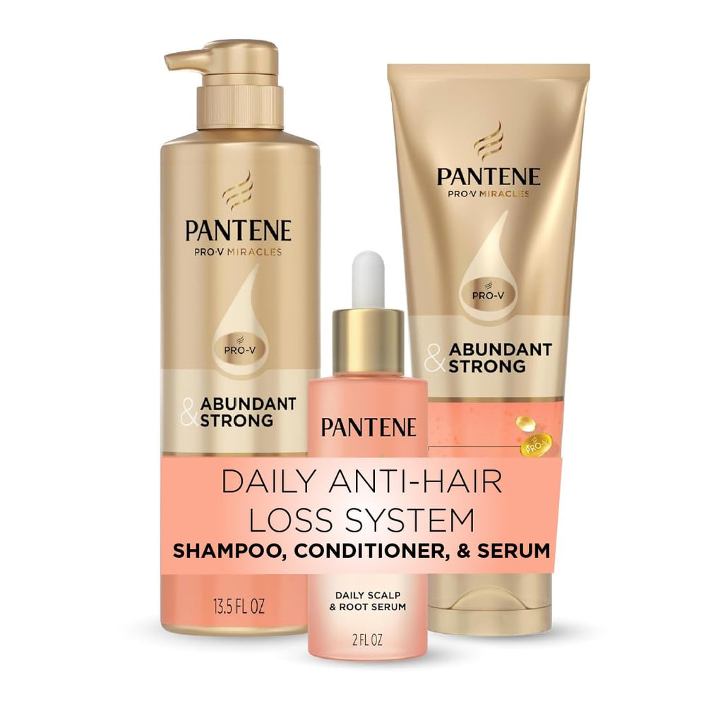 Pantene front packaging of Abundant & Strong regimen showing all three products and benefits