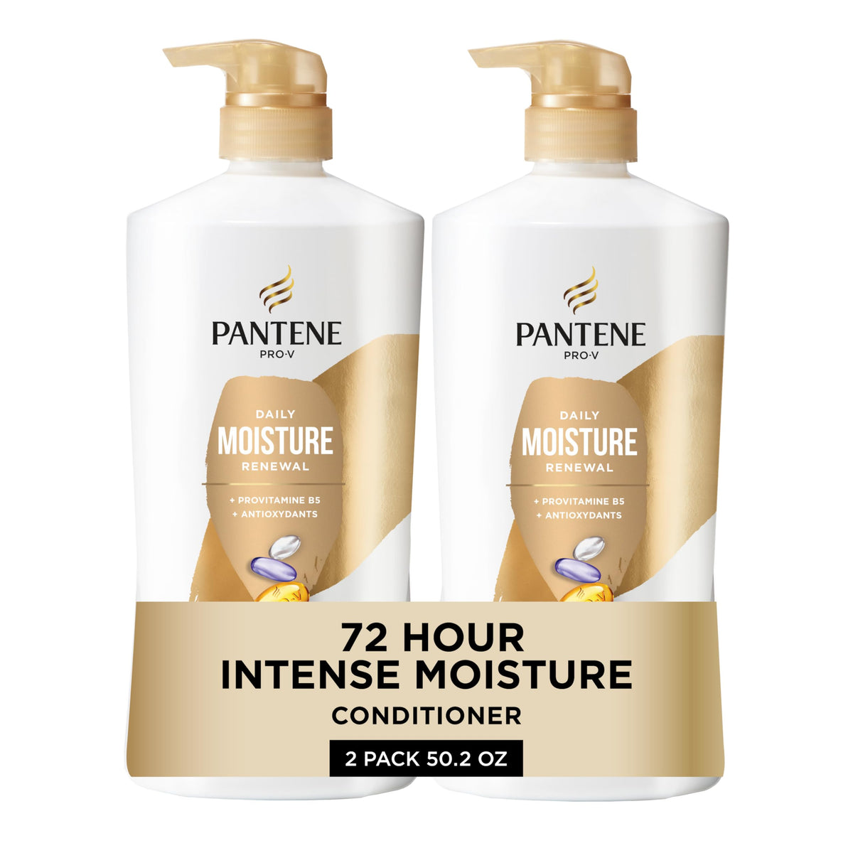 Pantene front packaging showing daily moisture renewal and hydration benefits