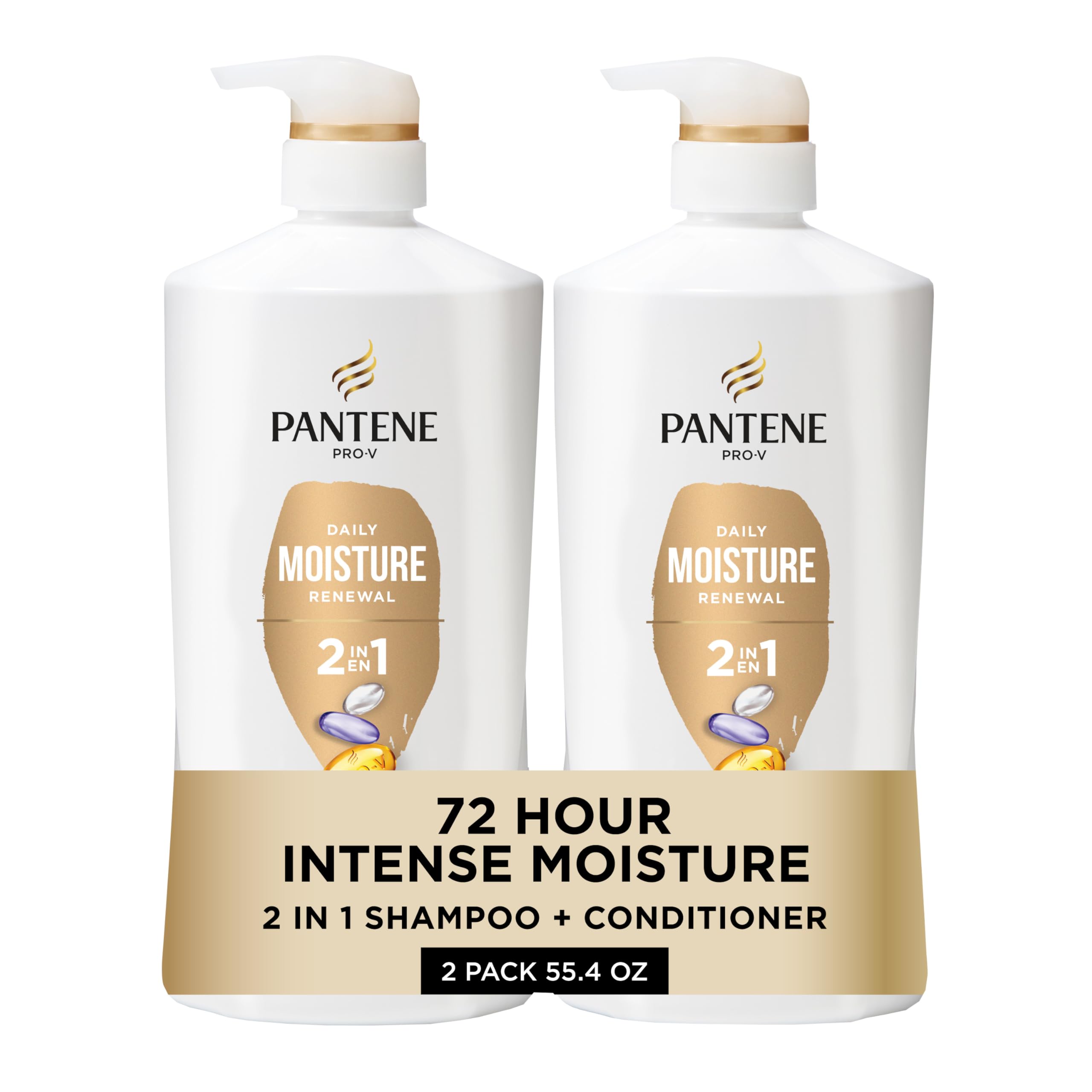 Pantene front packaging showing 2-in-1 bottles and twin pack benefit