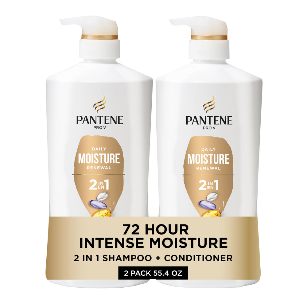 Pantene front packaging showing 2-in-1 bottles and twin pack benefit