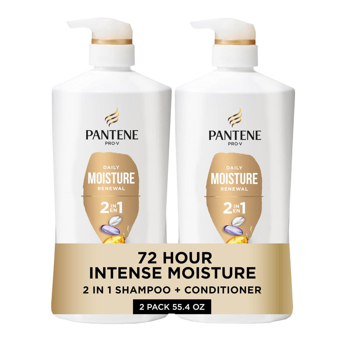 Pantene front packaging showing 2-in-1 bottles and twin pack benefit