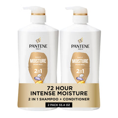 Pantene front packaging showing 2-in-1 bottles and twin pack benefit