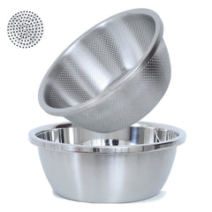 Paoli front view of colander and mixing bowl showing durable stainless-steel construction and nesting benefit