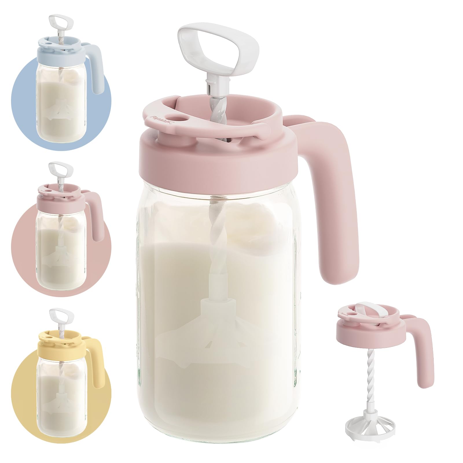 Papablic front view of pink glass pitcher showing label and lid with clear benefit