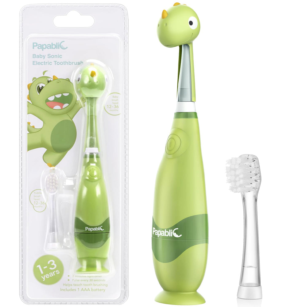 Papablic Max front view dinosaur toothbrush showing playful design and easy controls