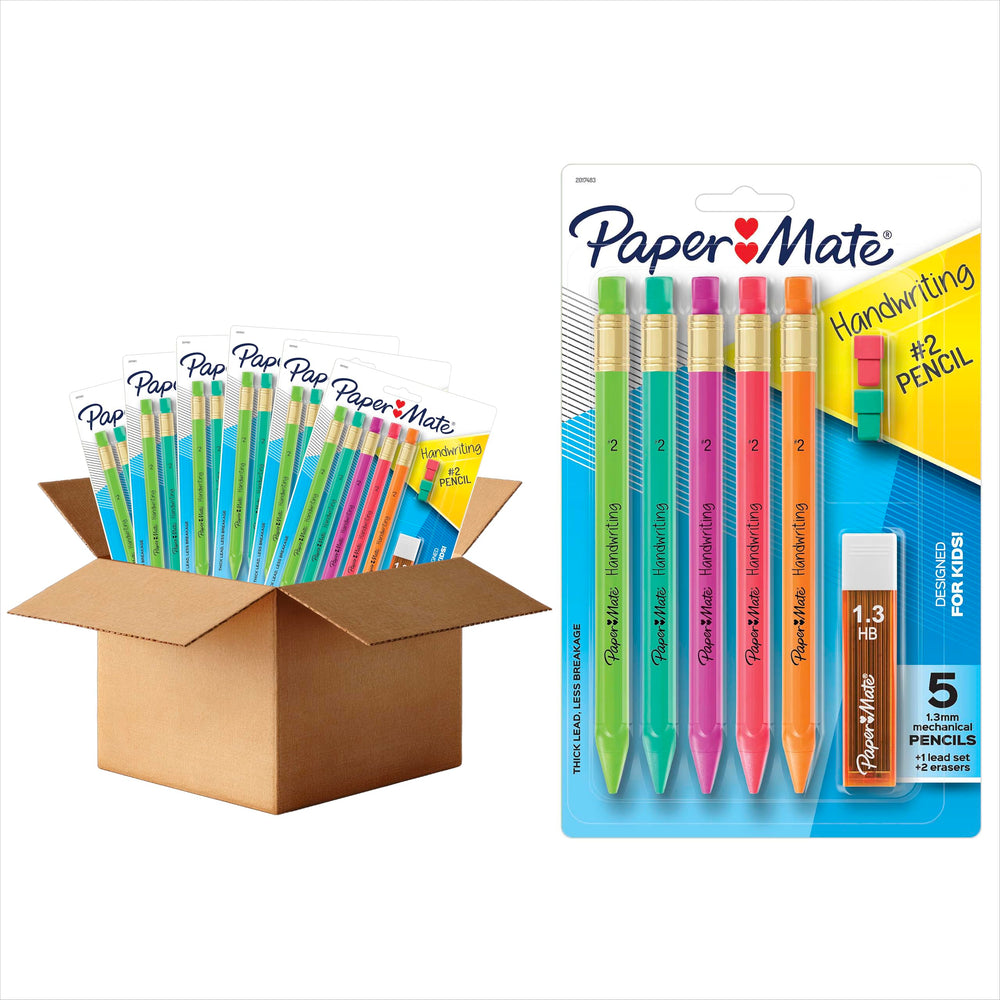 Paper Mate front packaging showing six retail packs and contents for easy stocking