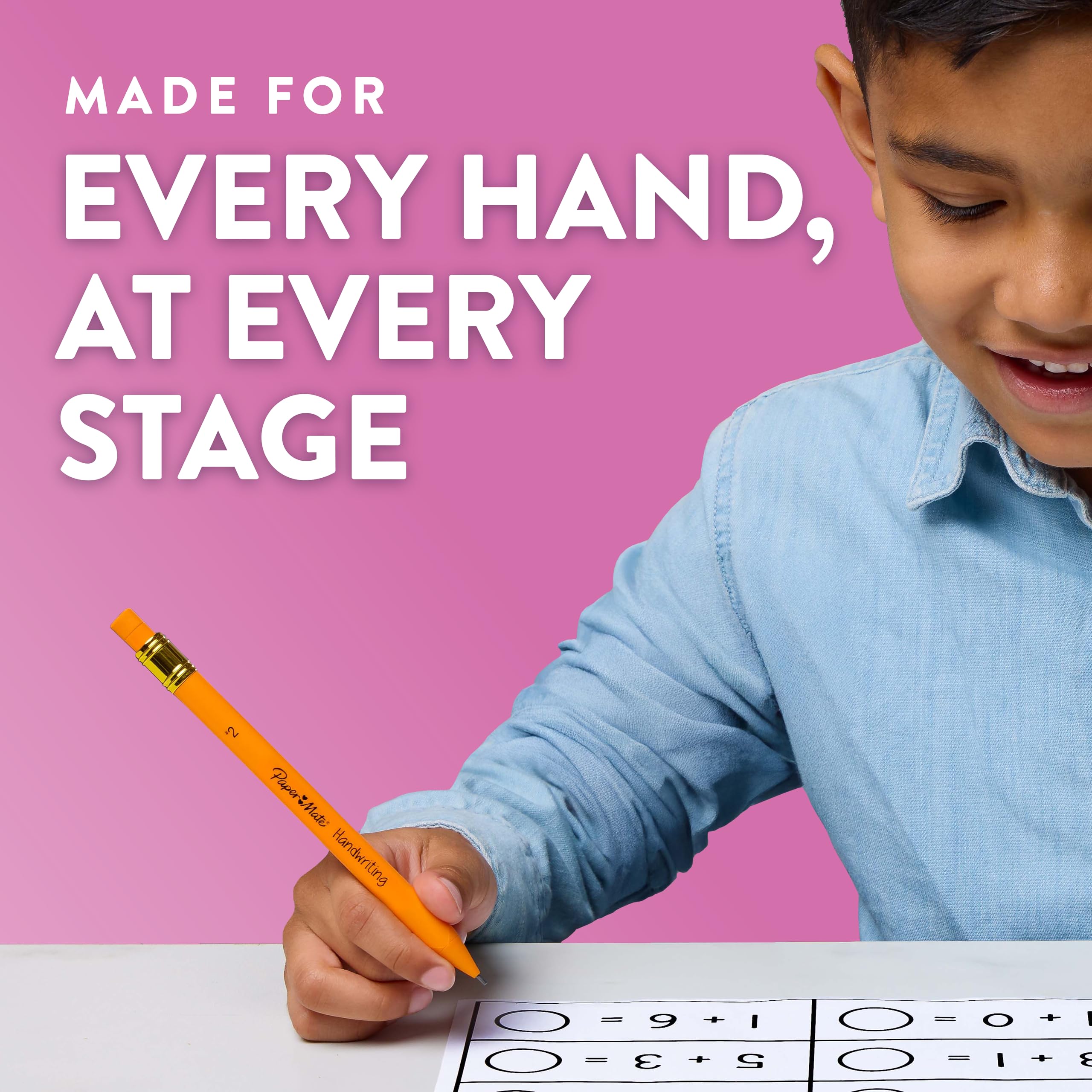 Paper Mate lifestyle image of a child writing neatly with bright triangular pencils