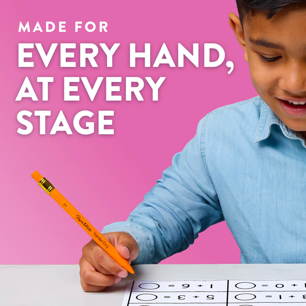 Paper Mate lifestyle image of a child writing neatly with bright triangular pencils