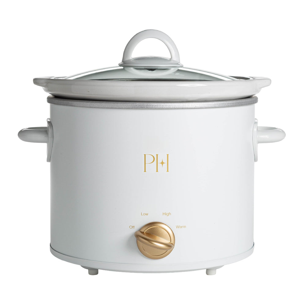 Paris Hilton slow cooker front view showing white and gold design and compact benefit