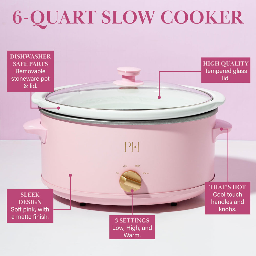 Paris Hilton slow cooker cooking hearty stew in kitchen showing family-size capacity and hands-off cooking benefit