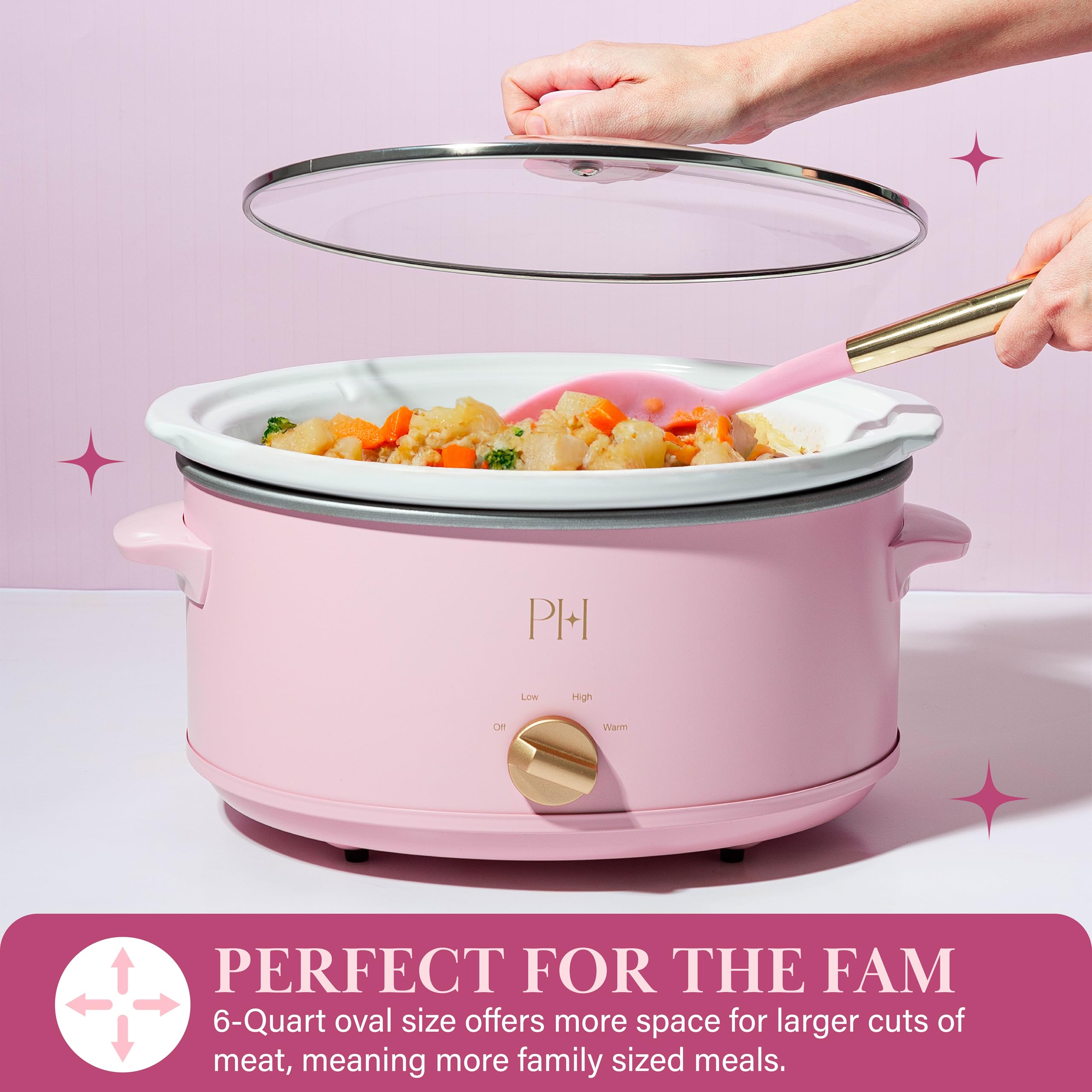 Paris Hilton slow cooker stoneware insert close-up highlighting naturally nonstick surface and easy cleanup benefit