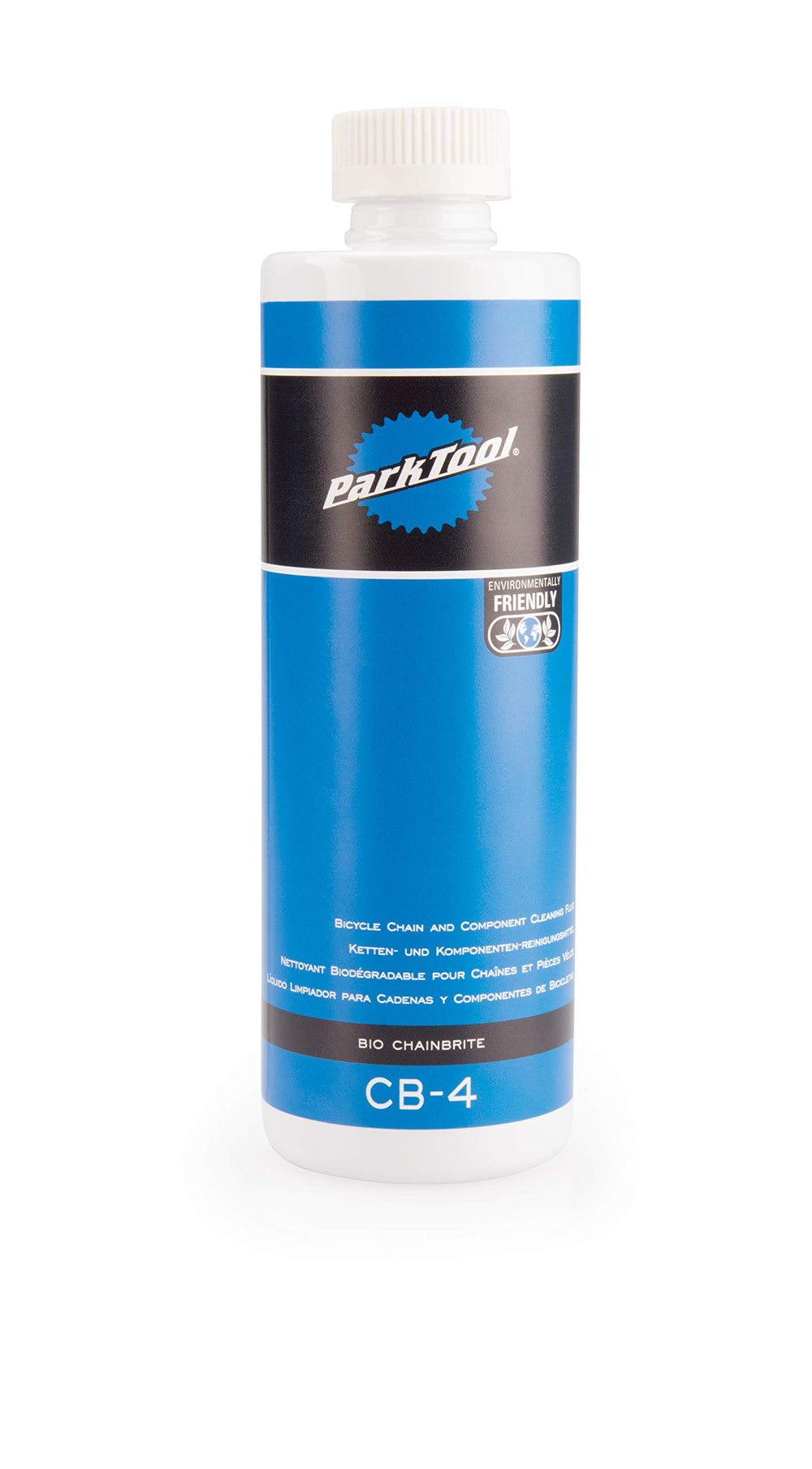 Park Tool CB-4 bottle front view showing label and flip-top cap for mess-free pouring