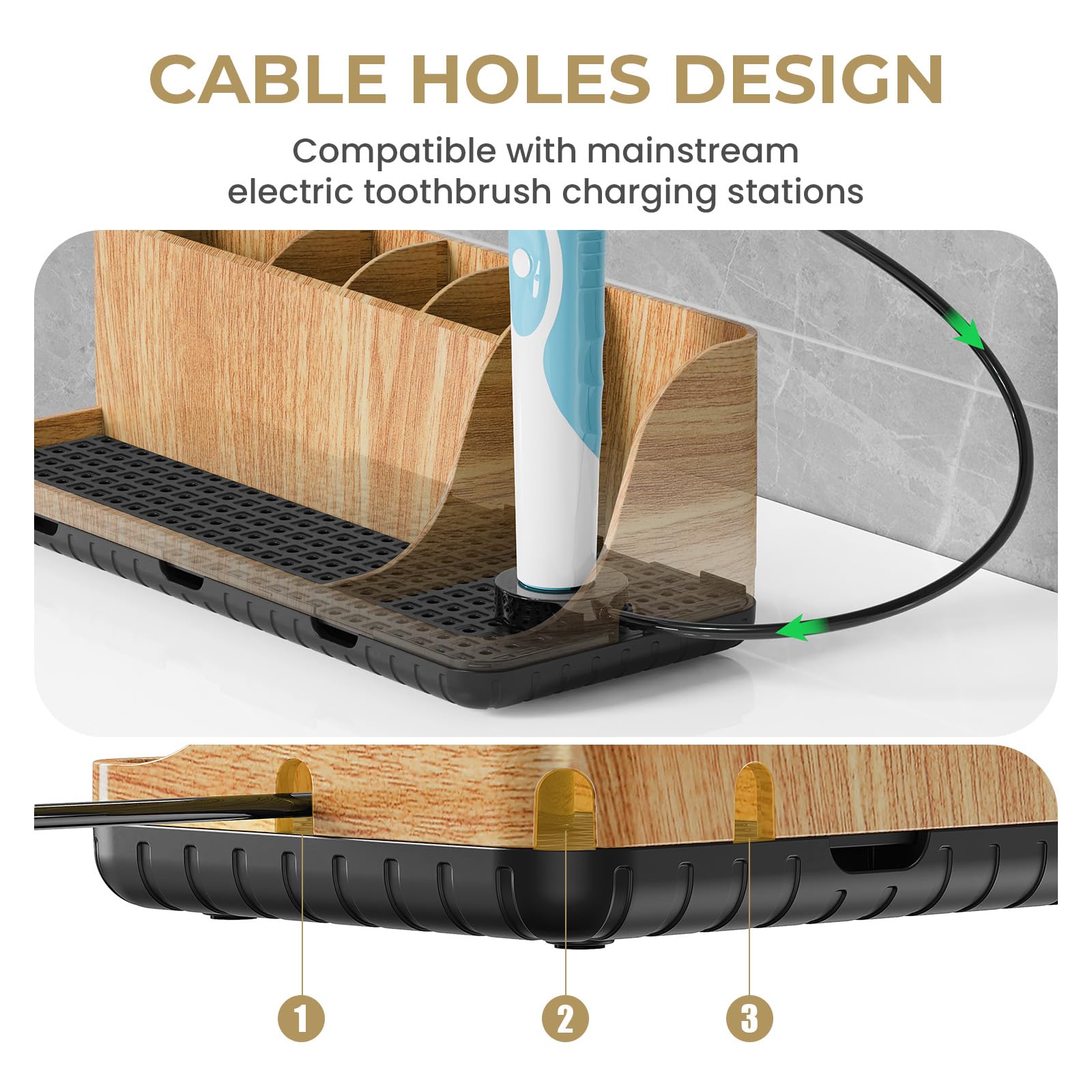 PARKMANI cable port detail with charger in place keeping electric toothbrush cords organized
