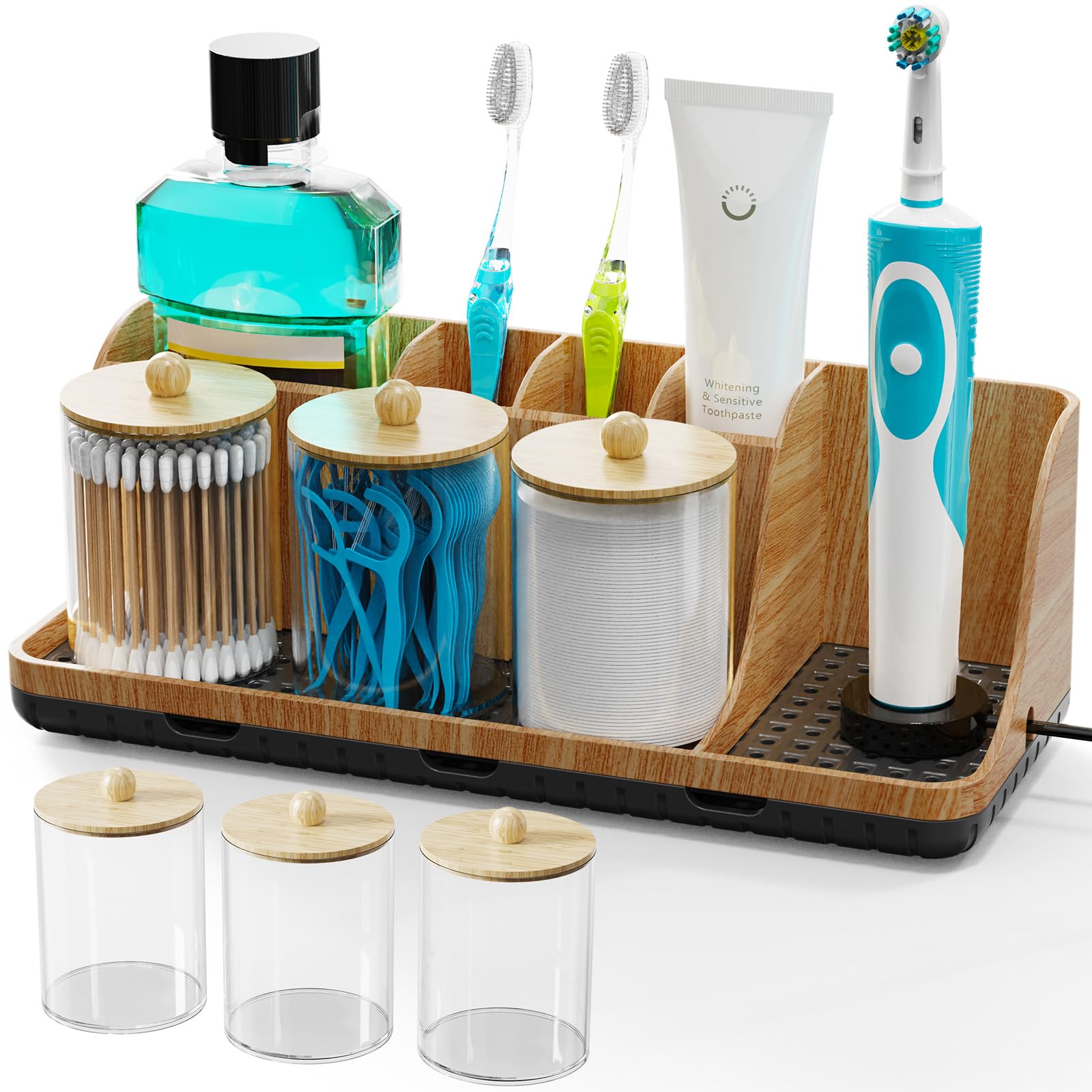 PARKMANI front view wood grain organizer showing neat toothbrush storage and tidy countertop