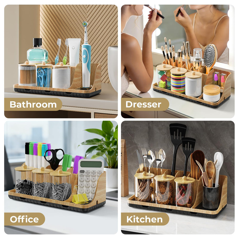 PARKMANI lifestyle vanity setup with brushes and dispensers illustrating organized bathroom use
