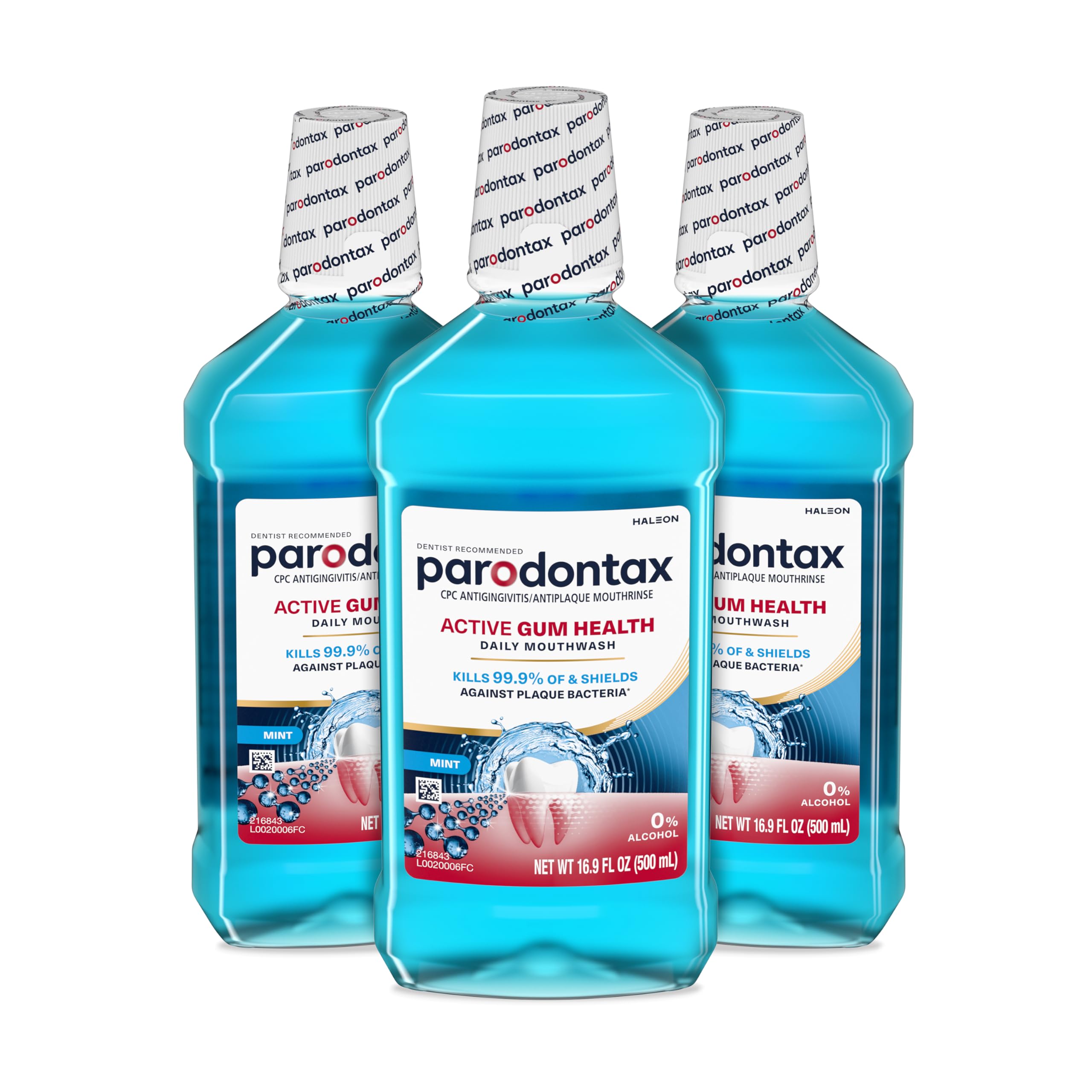 Parodontax front packaging showing three bottles and mint benefit