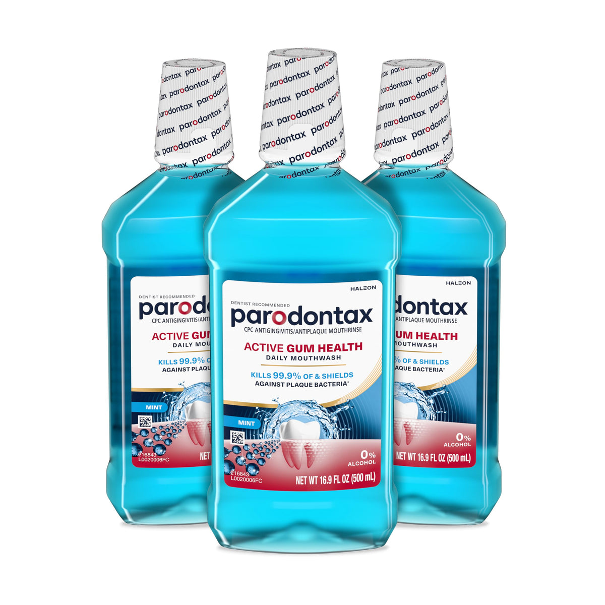 Parodontax front packaging showing three bottles and mint benefit