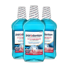 Parodontax front packaging showing three bottles and mint benefit
