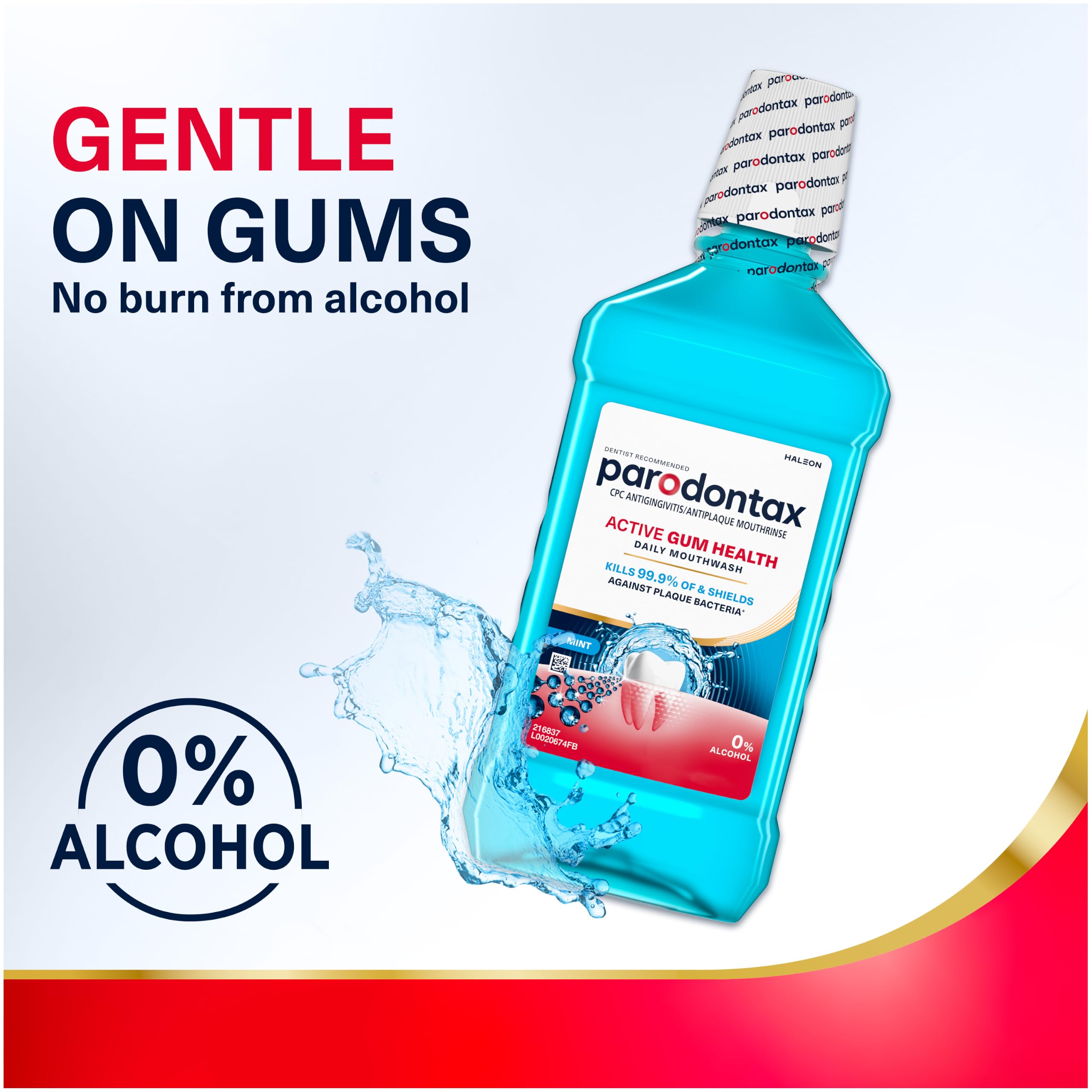 Parodontax bottle beside toothbrush and floss to show routine use