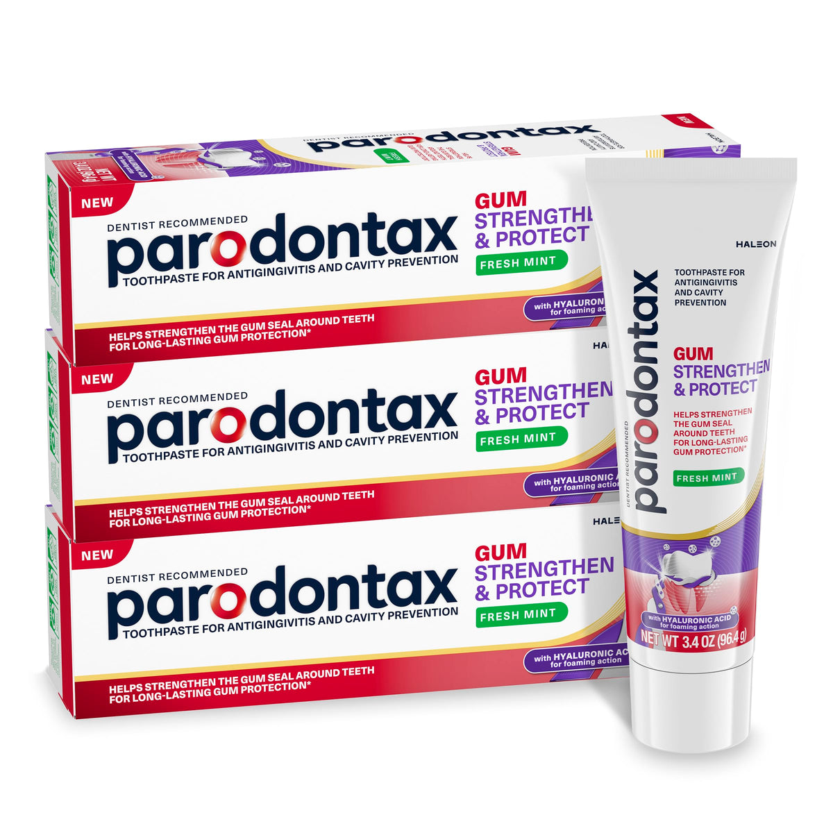parodontax front packaging three-pack showing product and convenience benefit