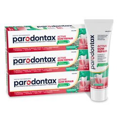 Parodontax front packaging showing three tubes and brand for visible supply benefit