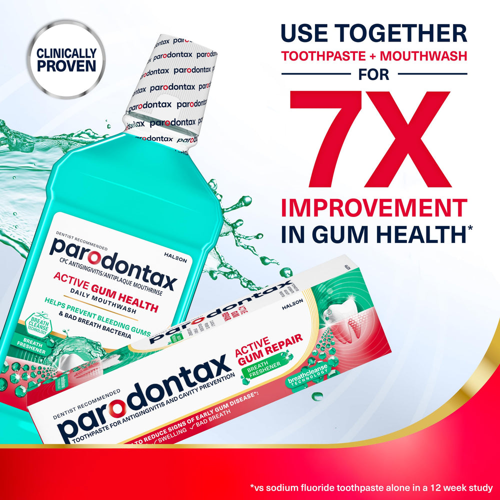 Parodontax ingredient callout label highlighting breath-targeting technology for fresher breath benefit