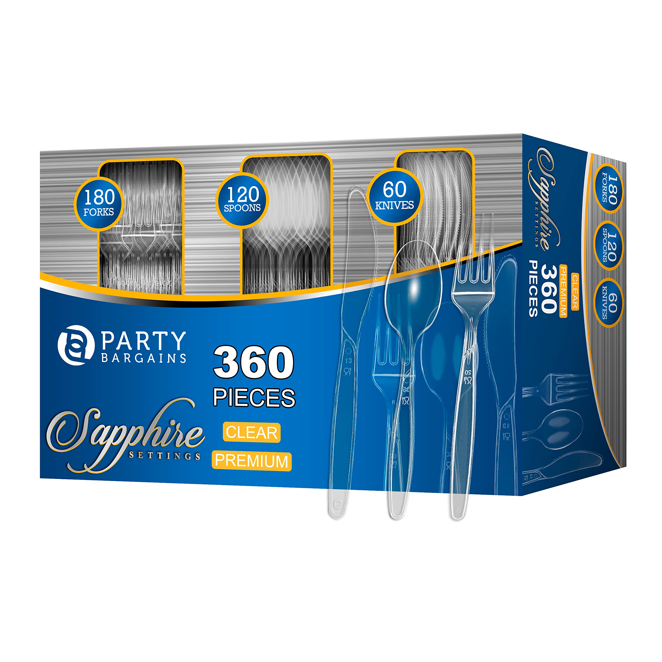 Party Bargains SAPPHIRE front packaging showing clear flatware set and counts