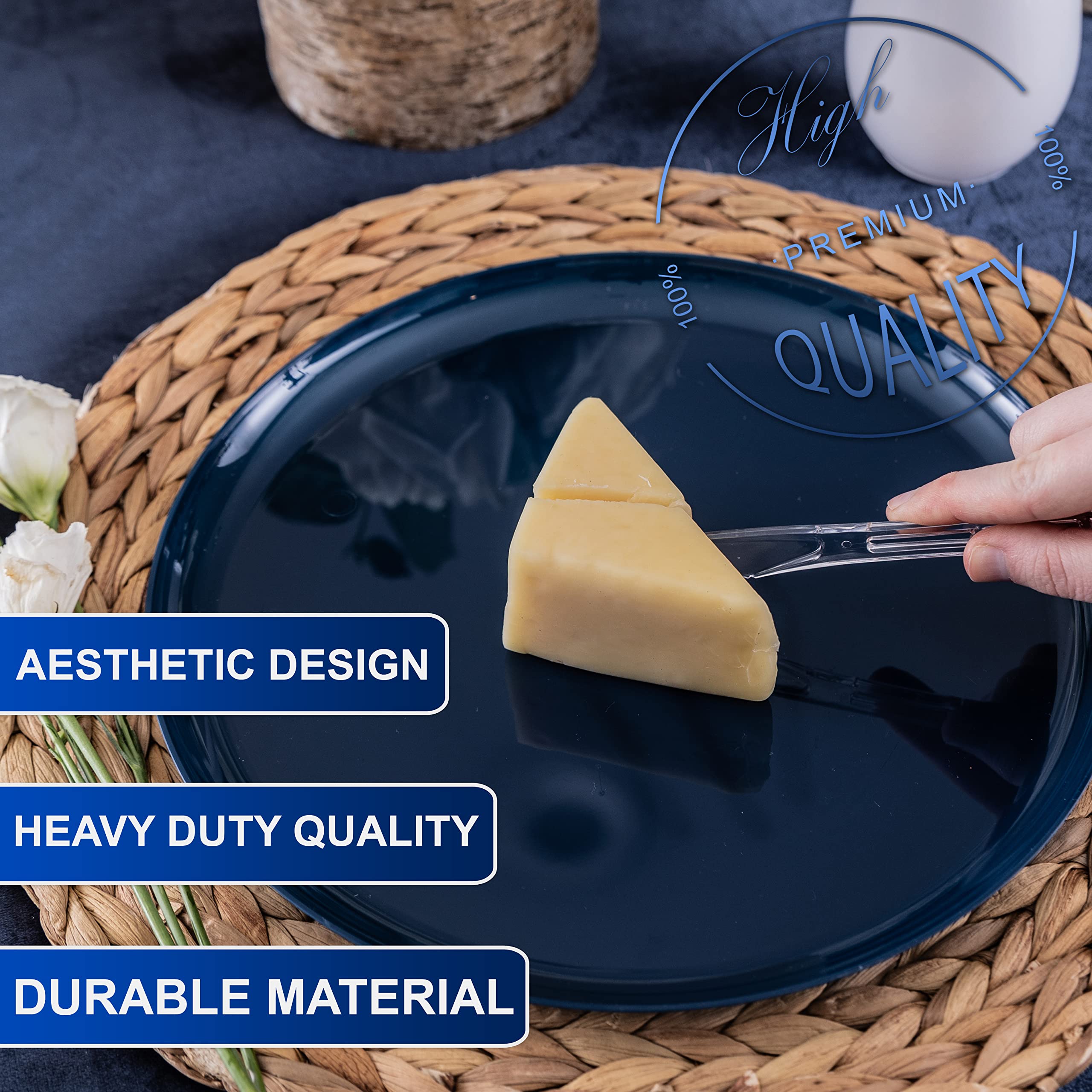 Party Bargains SAPPHIRE table setting with clear cutlery enhancing decor