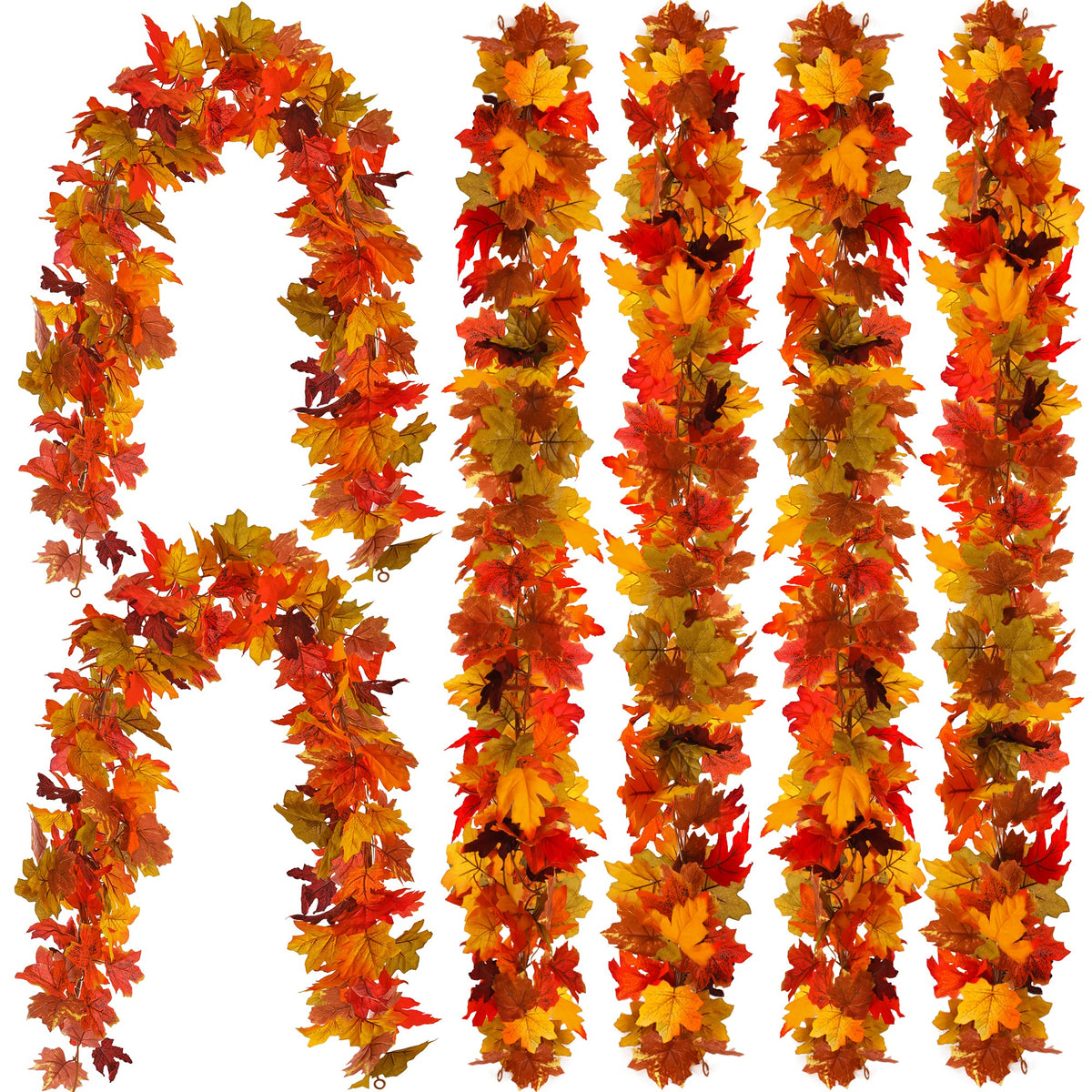 Party Joy front view of six maple leaf garlands showing autumn colors and full set benefit