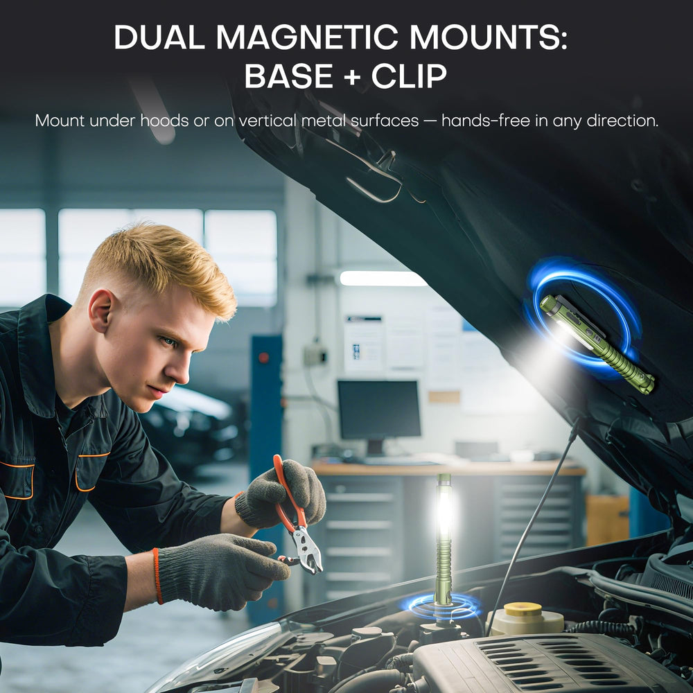 PASIION clip magnet attached under hood providing wide hands-free work light benefit