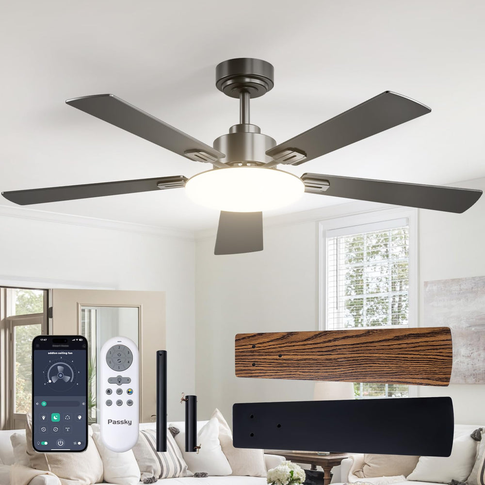 Passky 52-inch fan front view showing sleek black finish and integrated light benefit airflow