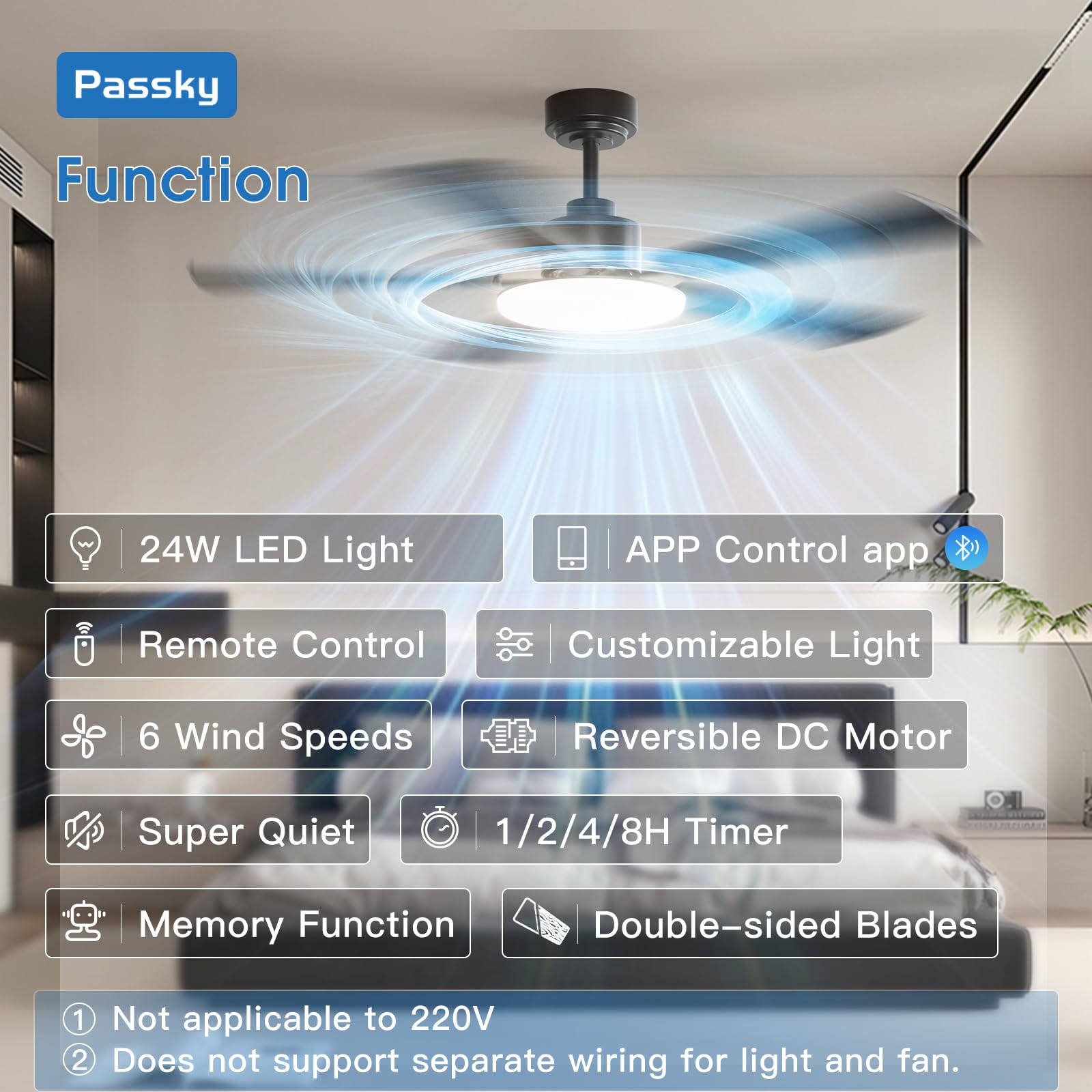 Passky ceiling fan light illuminated close-up showing even LED light and adjustable brightness