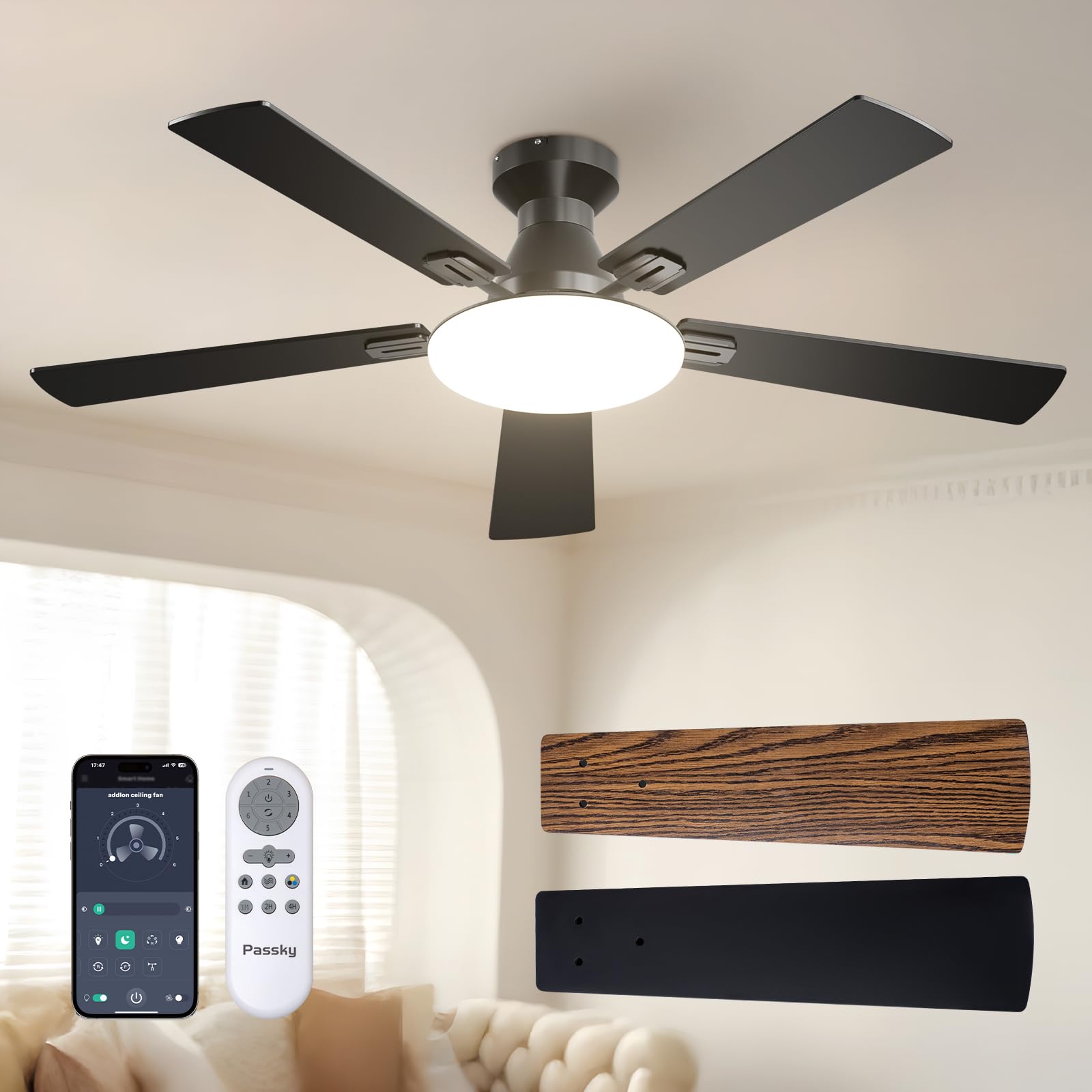 Passky front view of 52-inch ceiling fan showing modern low-profile design and balanced airflow