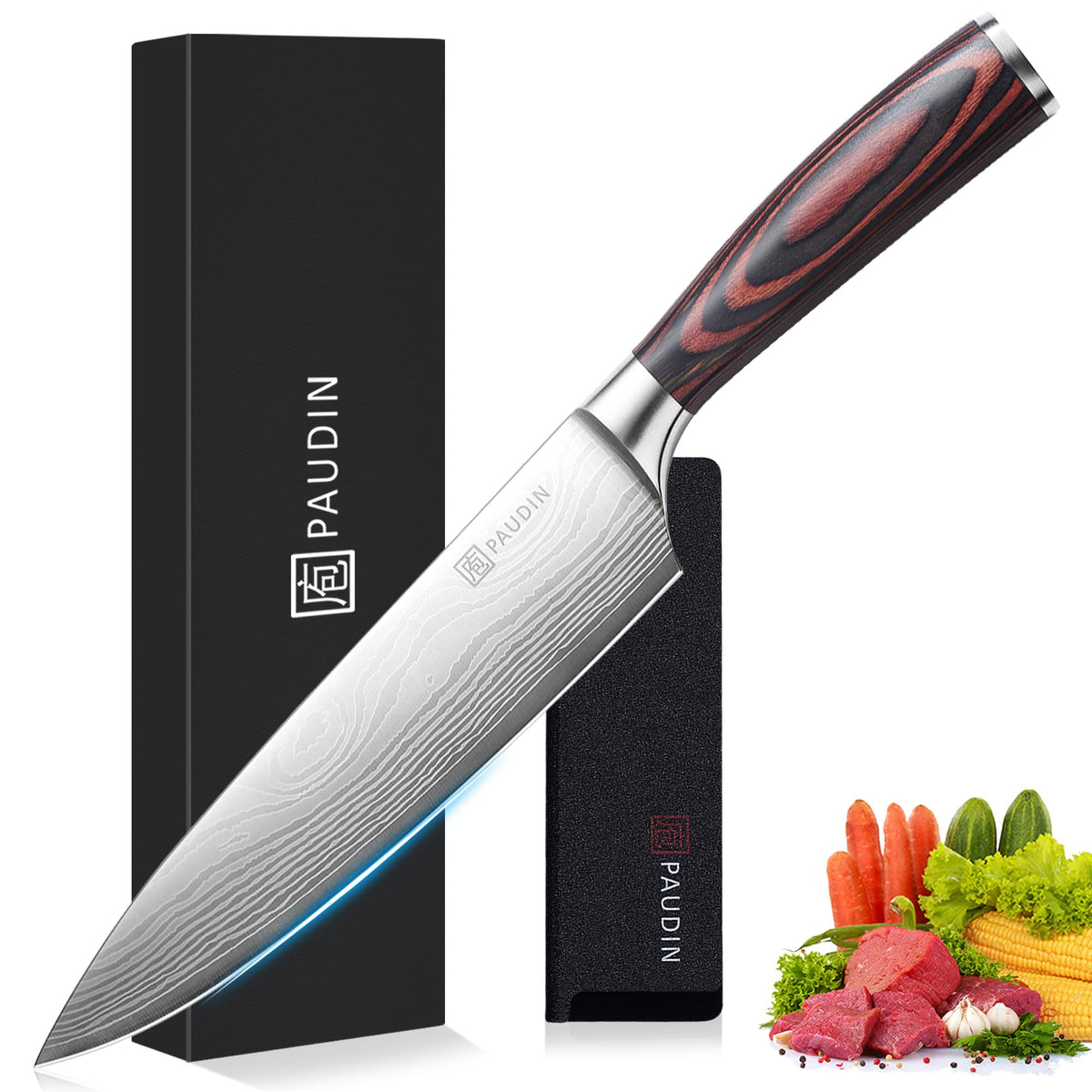 PAUDIN chef knife front view showing full blade and handle benefits balance