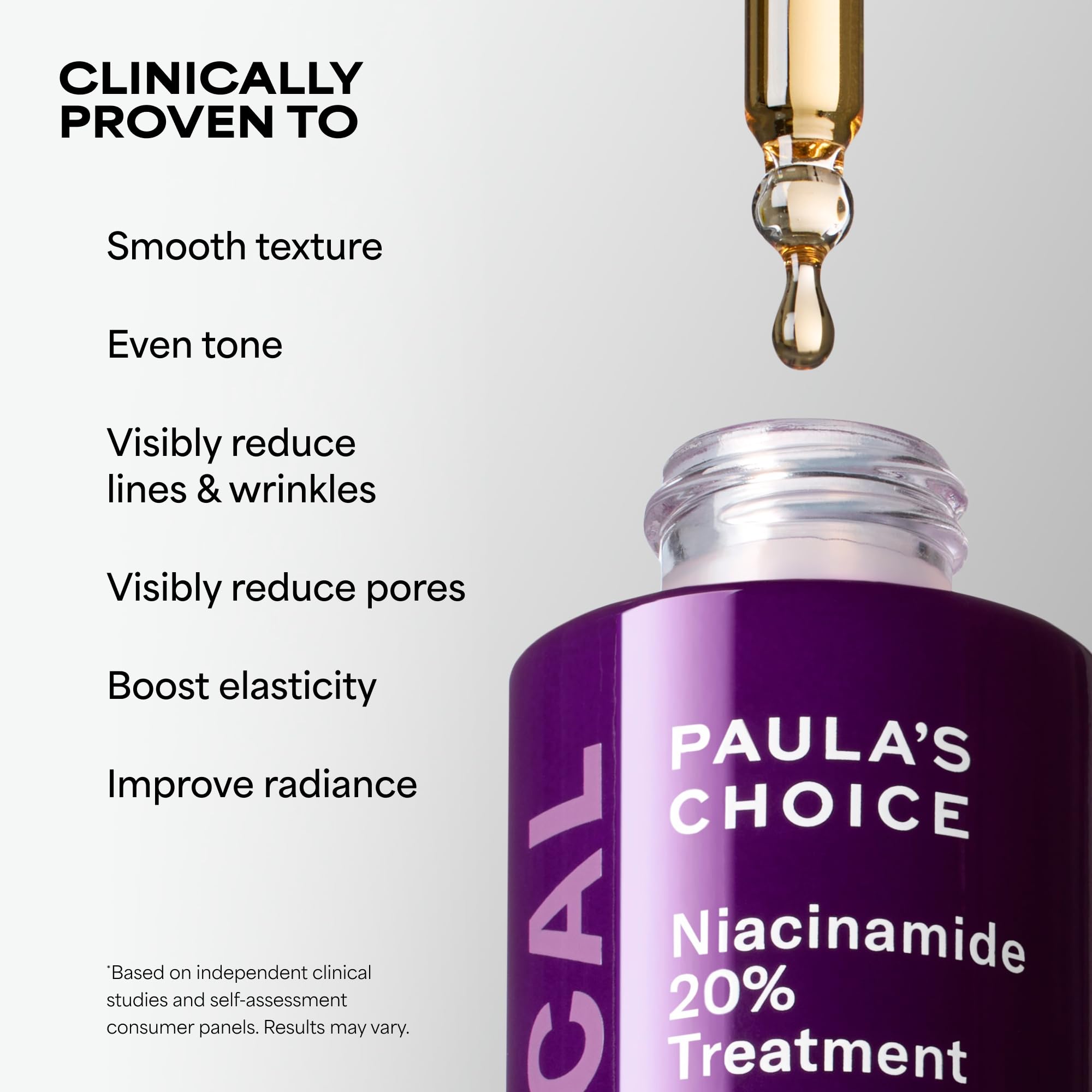 Paula's Choice label close-up highlighting 20% niacinamide for targeted results