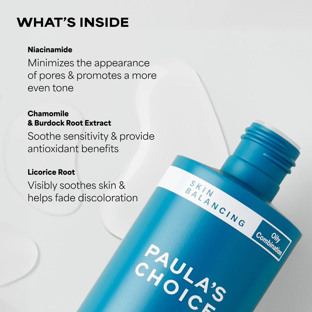 Paula's Choice bottle beside serum and moisturizer demonstrating routine use