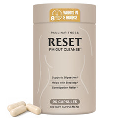 Paulina Fitness front packaging of Reset PM showing product benefits