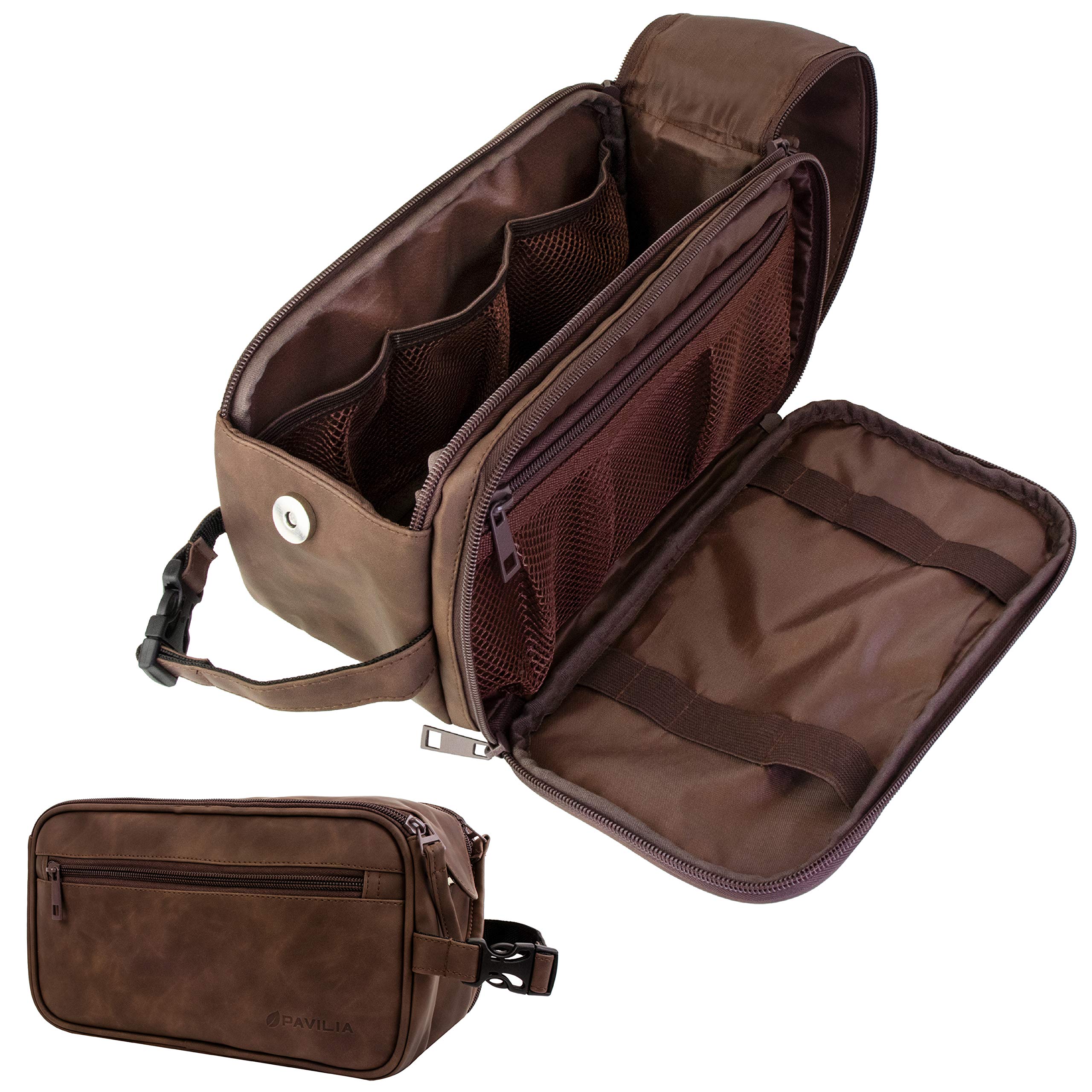 PAVILIA toiletry bag front view showing sleek dark brown PU leather and durable look