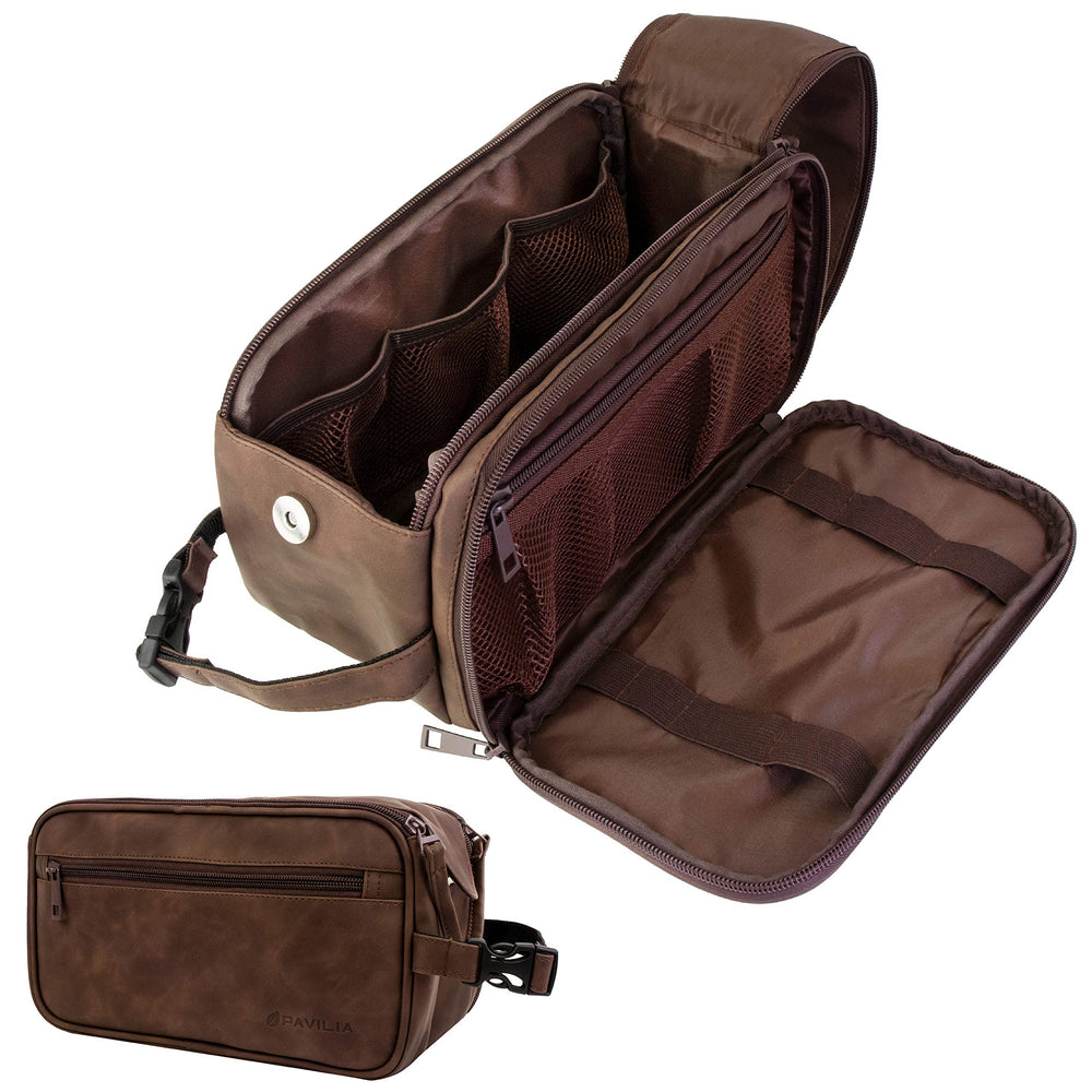 PAVILIA toiletry bag front view showing sleek dark brown PU leather and durable look