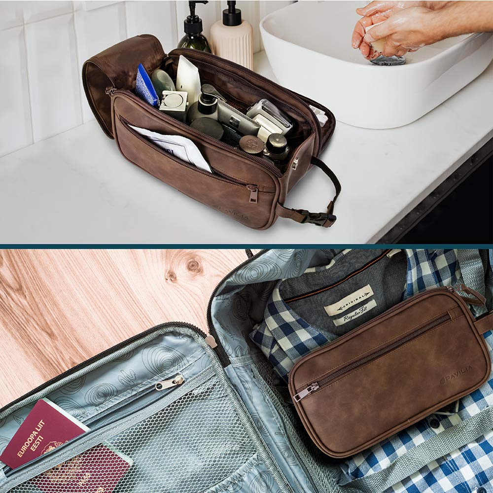 PAVILIA toiletry bag size comparison next to toiletries showing roomy capacity