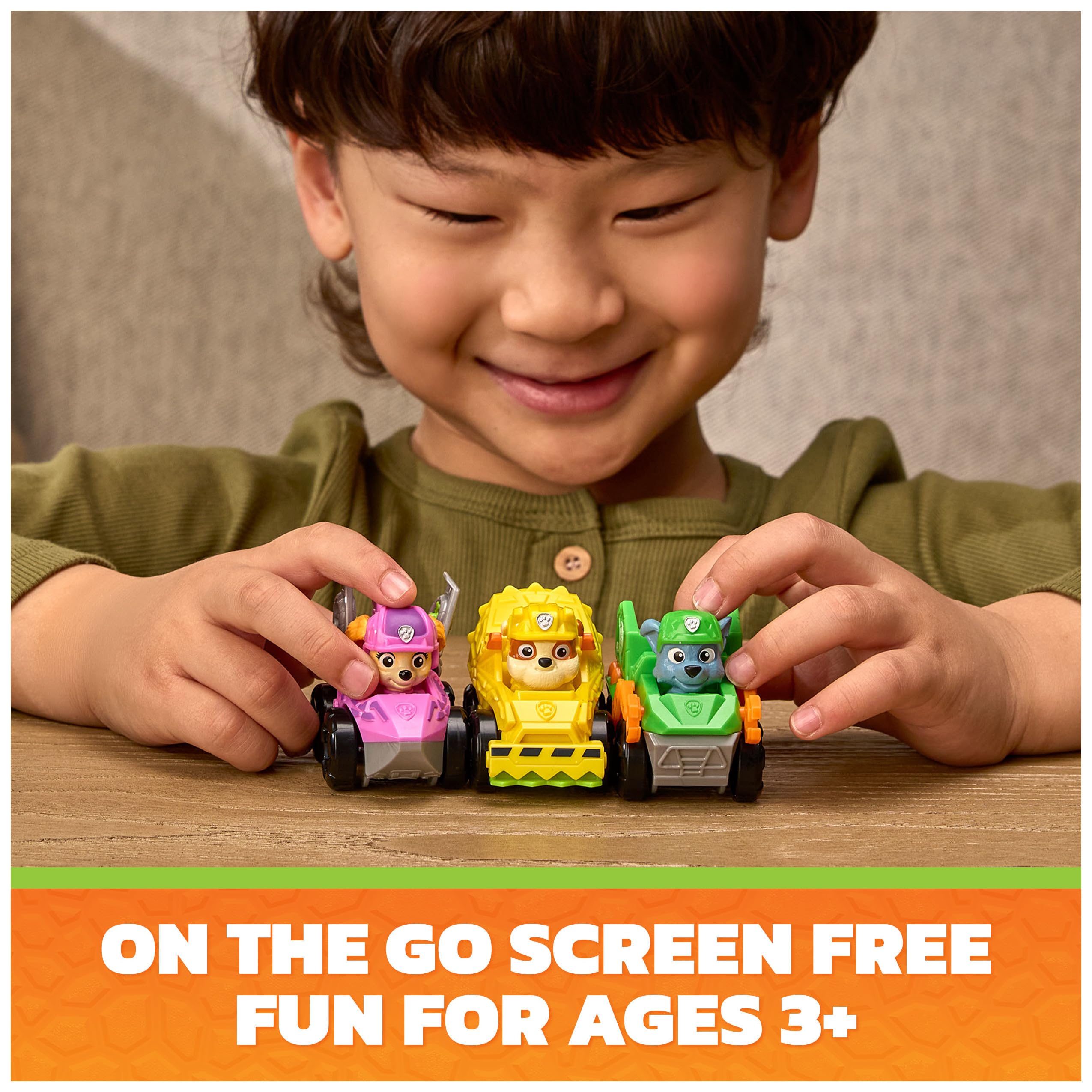 PAW Patrol racers in play on floor encouraging imaginative racing