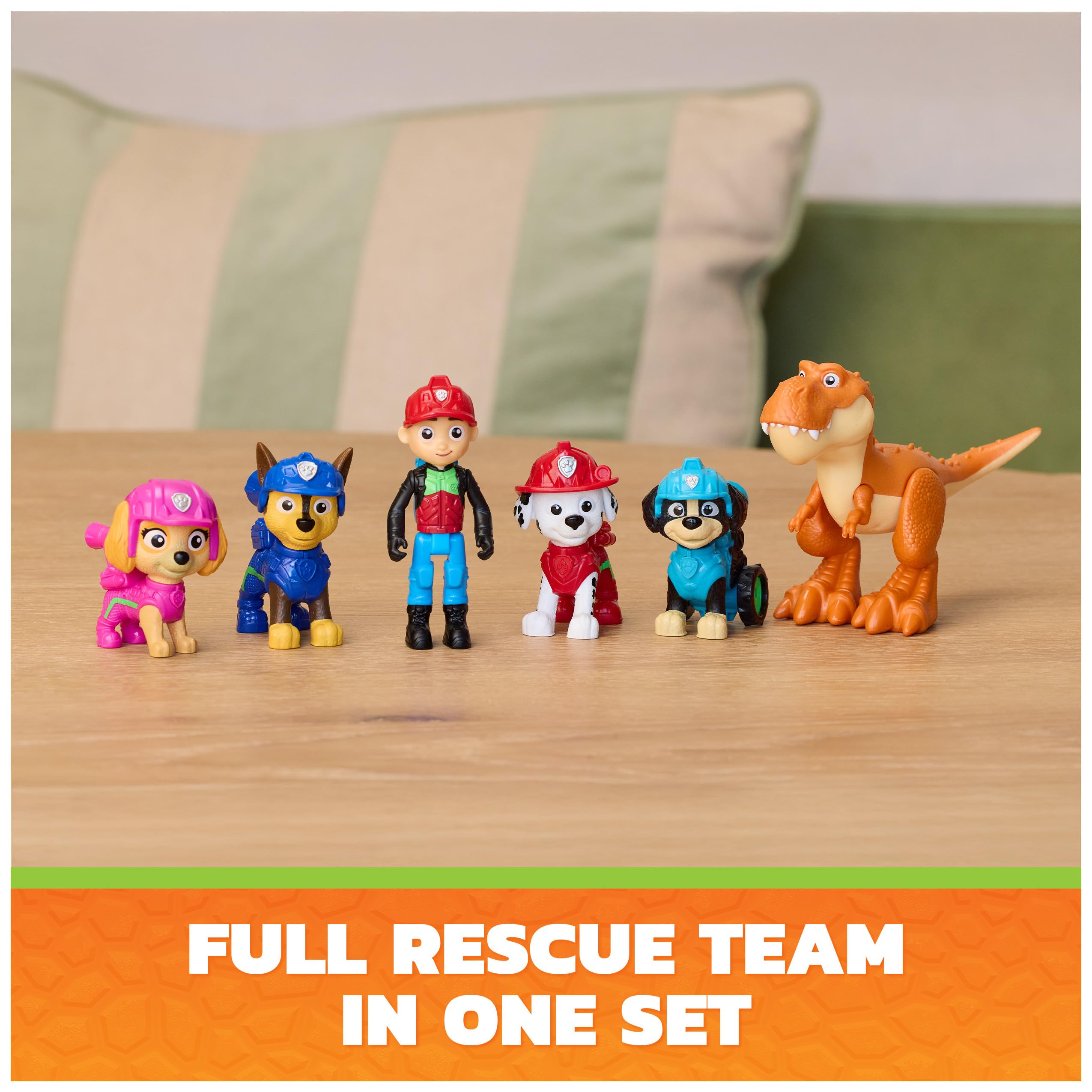 PAW Patrol Timmy the T‑Rex close up showing movable legs and benefit: dynamic dinosaur play
