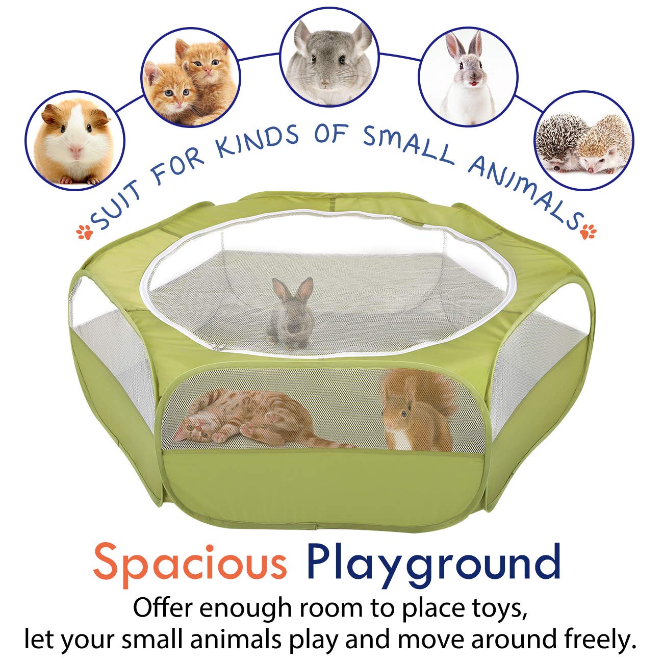 Pawaboo next to a rabbit to show scale and roomy play area benefit