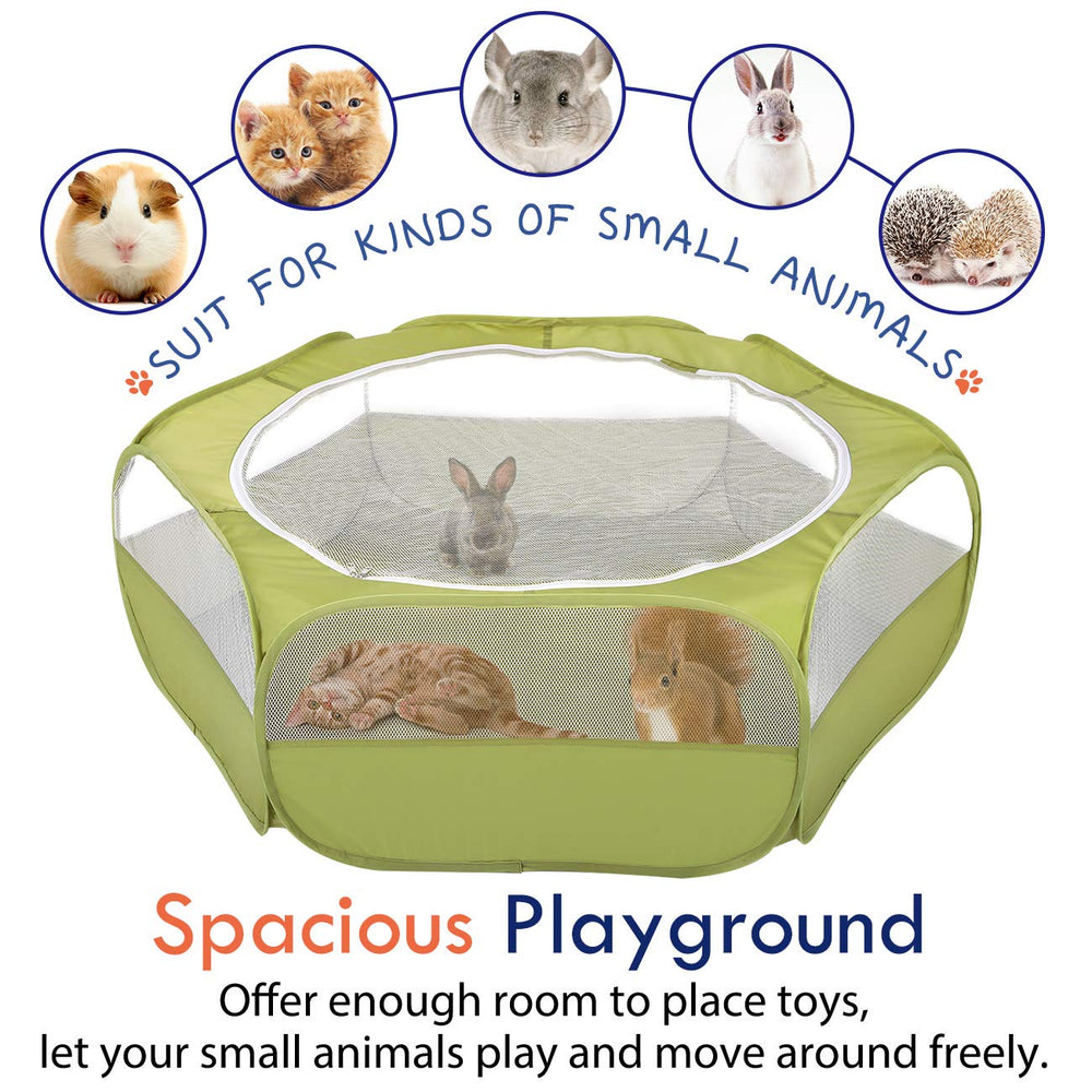 Pawaboo next to a rabbit to show scale and roomy play area benefit