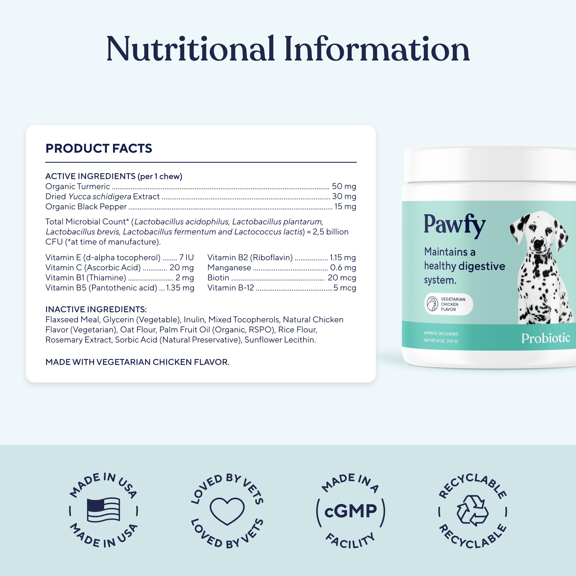 Pawfy label ingredients detail displaying probiotic strains and clarity benefit