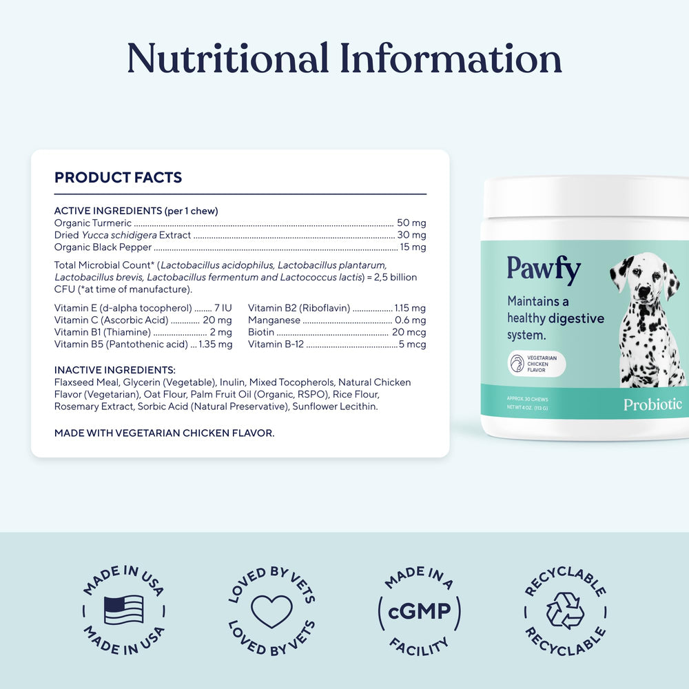 Pawfy label ingredients detail displaying probiotic strains and clarity benefit