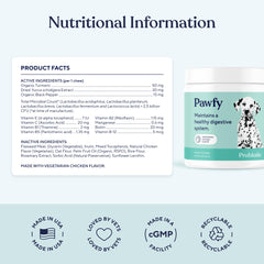 Pawfy label ingredients detail displaying probiotic strains and clarity benefit